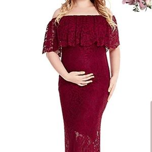 Deep red off shoulder maternity dress